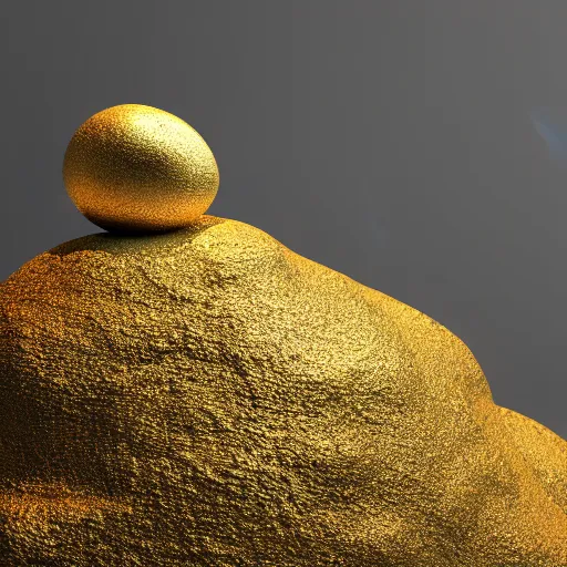 Prompt: a golden rock on top of a pile of normal rocks, octane render, dramatic lighting