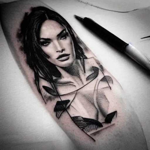 Image similar to double exposure tattoo sketch of megan fox with beautiful mountain scenery, hyper - realistic, in the style of den yakovelev, amazing detail, sharp, abstract