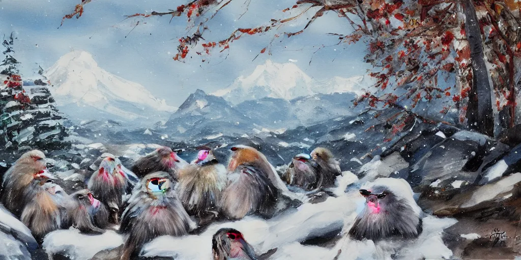 Prompt: scenic mountain setting, by Antoine Blanchard, by Marcel Masson, low angle closeup of a family of snow monkeys gather at the natural spa to get warm, highly detailed, snow flurry, cold, steamy, desaturated (red, blue), inquisitive, striking, contemplative, happy, content, warm, on canvas