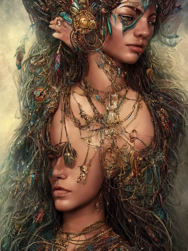 Image similar to a centered render of a single alluring mystical tribal goddess adorned with feathers and gemstones and cables and synthesizer parts is surrounded by sacred geometry made from elven architecture, full body, gorgeous, perfect face, powerful, cinematic, beautifully lit, by artgerm, by karol bak, 3 d, trending on artstation, octane render, 8 k