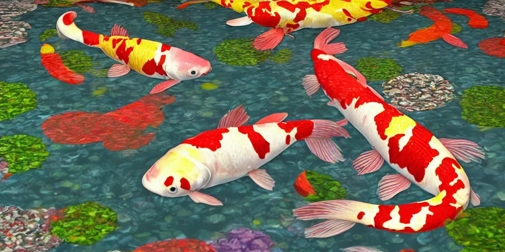 Prompt: psychedelic koi fish pond, mc escher, hyper detailed illustration, unreal engine 5,