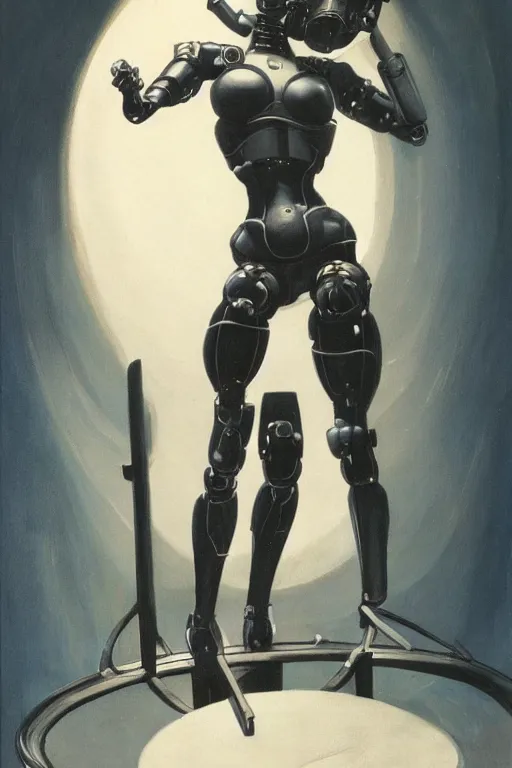 Prompt: beautiful sci-fi robotic girl with four arms sitting on a stool, style of Frazetta