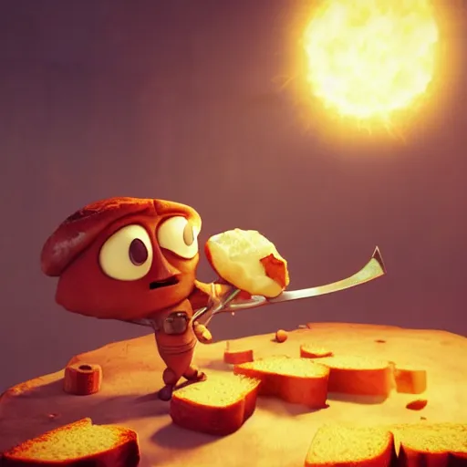 Image similar to medieval battle toast, a slice of toasted bread with a face, arms and legs, holding a sword, cute, pixar, volumetric lighting, dynamic composition, fantasy, hyper detailed, ultra realistic, sharp focus, octane render, concept art by ruan jia and heng z and artem