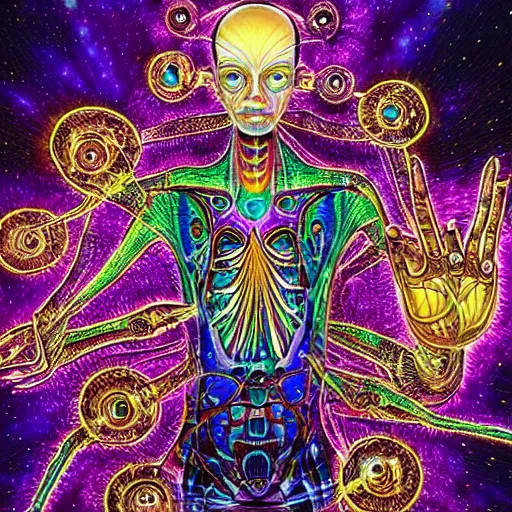 Prompt: ''transparent cyborg dmt entity with microbial eyes as body geometric pattern in the hand giving a merkabah to sitting meditating third eye activated human soulful colors alex grey sci fi cyberpunk steampunk hyperrealistic''