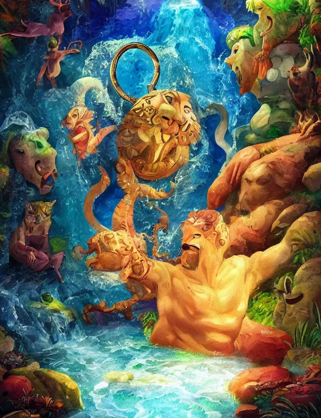 Image similar to animal god of water and gemstones. this oil painting by the beloved children's book illustrator has interesting color contrasts, plenty of details and impeccable lighting.