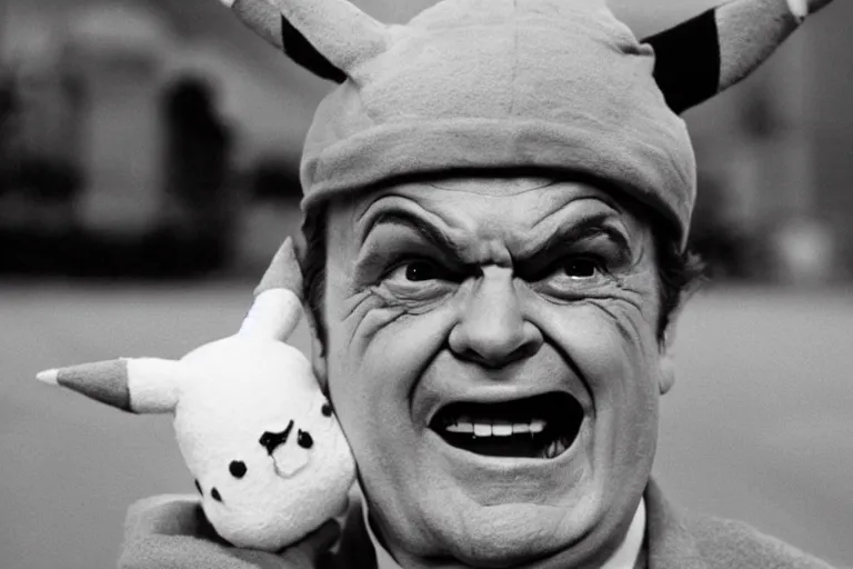 Image similar to Jack Nicholson dressed up in costume of Pikachu, still from the film by Stanley Kubrick