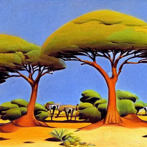 Prompt: a landscape painting of the african bushveld, painted by Pierneef