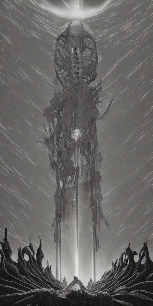 Prompt: space temple to death god, distant view, night sky, well lit sanctum, eerily beautiful, light rays, skeletal architecture, maximalist, awe inspiring, foreboding, ominous, miyazaki style, junji ito style, nausicaa, beksinski, studio ghibli, precise lines, bones , 8k, epic composition, cinematic, artstation, golden ratio,