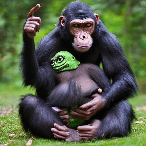 Image similar to ape teaching pepe, realistic