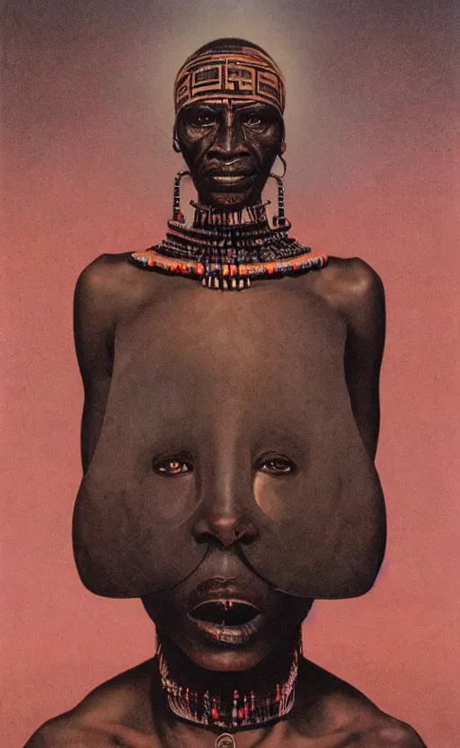 Image similar to portrait of futuristic african tribal chief, insibidi symbols, symmetrical, dramatic lighting, art by zdzislaw beksinski,