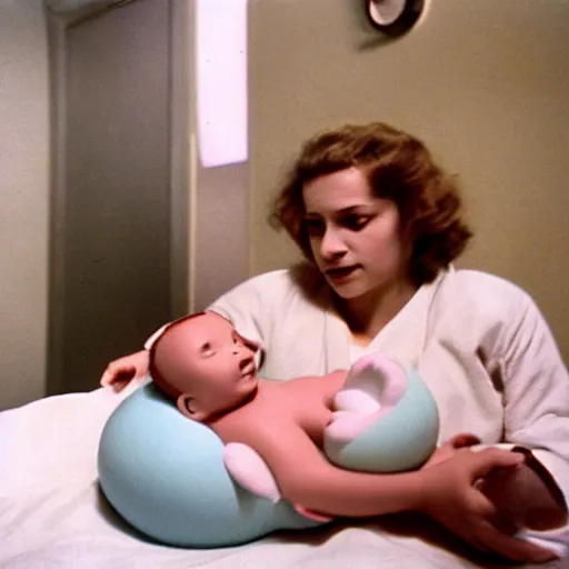 Image similar to woman who has given birth to a squishy inflatable baby, in hospital bed, French film, archival footage, technicolor film expired film, 16mm