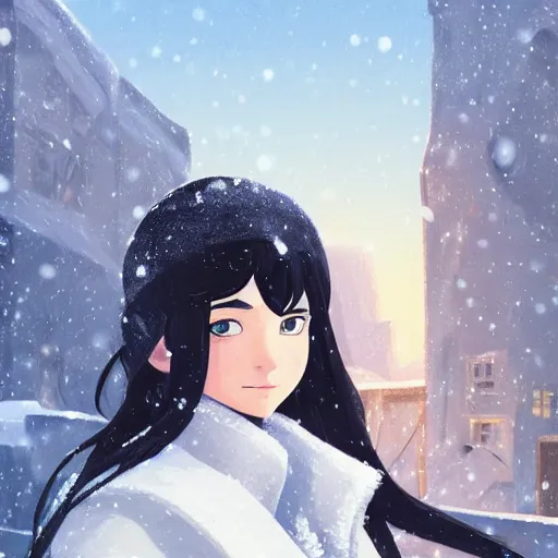 Prompt: portrait of teen girl with long black hair and bangs, detailed facial features, beautiful face, snowy winter village in the background, digital painting, artstation, highly detailed, by makoto shinkai and thomas kindle and James gilleard