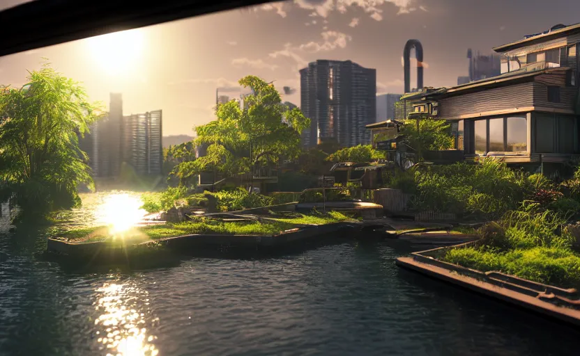 Prompt: photorealistic cyberpunk lakehousein a lush dessert oasis. daylight. sunlight. lens flare. light fixtures. 8K. detailed. photorealism. artstation. 25mm f/1.7 ASPH Lens. ultra realistic