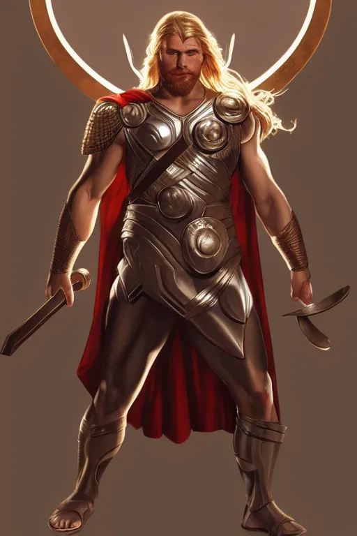 Prompt: the greek god thor, accurate anatomy, only two hands, highly detailed, digital painting, artstation, concept art, smooth, sharp focus, illustration, Unreal Engine 5, 8K, art by artgerm and greg rutkowski and Alphonse Mucha