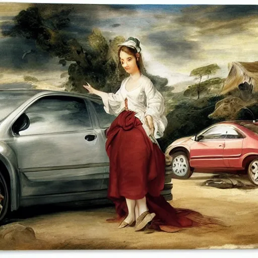 Prompt: heavenly summer sharp land sphere scallop well dressed lady standing next to a honda civic, auslese, by peter paul rubens and eugene delacroix and karol bak, hyperrealism, digital illustration, fauvist, standing next to a honda civic