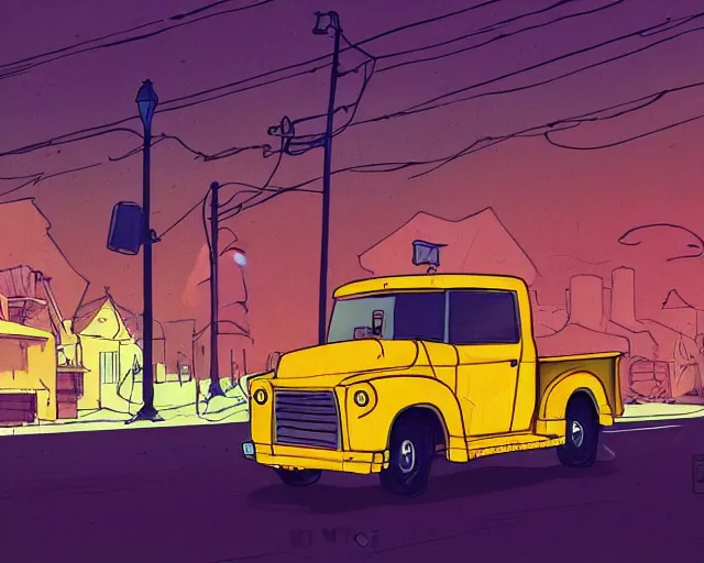 Image similar to a study of cell shaded cartoon of a yellow truck on a country road, street lamps, road, illustration, wide shot, subtle colors, post grunge, concept art by josan gonzales and wlop, by james jean, Victo ngai, David Rubín, Mike Mignola, Laurie Greasley, highly detailed, sharp focus, alien, Trending on Artstation, HQ, deviantart, art by artgem