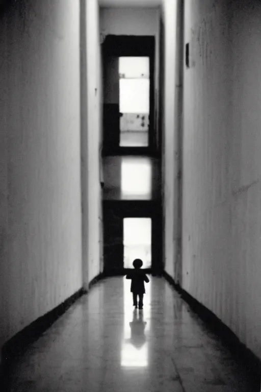 Image similar to photo polaroid of a sad and lonely child in the middle of a long corridor inside a prison, loneliness , black and white ,photorealistic, 35mm film,