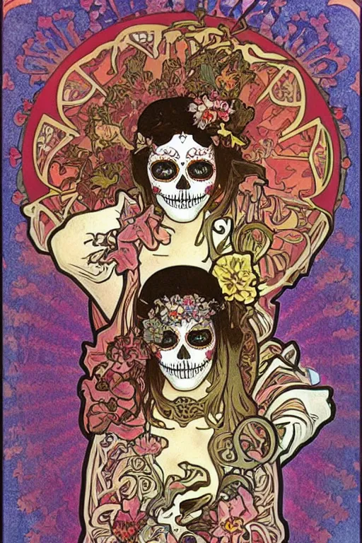 Prompt: Illustration of a sugar skull day of the dead girl, art by alphonse mucha