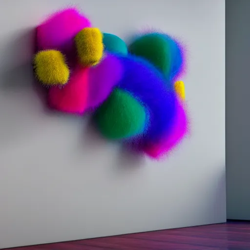 Image similar to : colorful abstract fuzzy sculpture on the wall in modern architecture, cinematic lighting, hyper - realistic, detailed, render by c 4 d octane, unreal engine, 8 k 3 d render