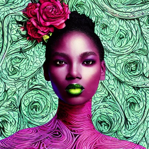 Prompt: the portrait of an absurdly beautiful, graceful, elegant, sophisticated, fashionable black woman made of strawberries and green petals looking up, an ultrafine hyperdetailed illustration by kim jung gi, irakli nadar, intricate linework, bright colors, octopath traveler, final fantasy, unreal engine 5 highly rendered, global illumination, radiant light, detailed and intricate environment