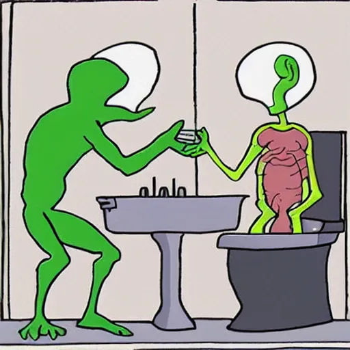 Prompt: Two alien species sitting on the toilet while shaking hands over a peace treaty