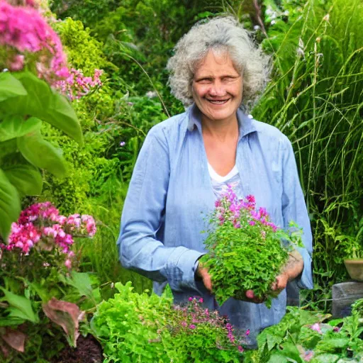 Prompt: a small but beautiful garden filled with medicinal plants that are being looked after by a happy middle aged woman being one with nature, accurate, soft light, high resolution. In the background there is a small but we're she lives