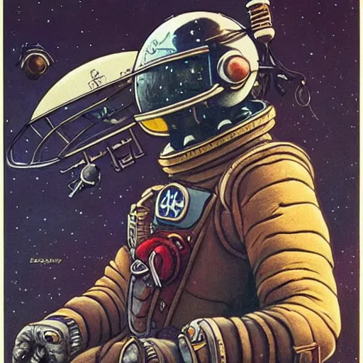 Prompt: crow space pilot no helmet standing ready on spaceship, steampunk, highly detailed, painting by moebius