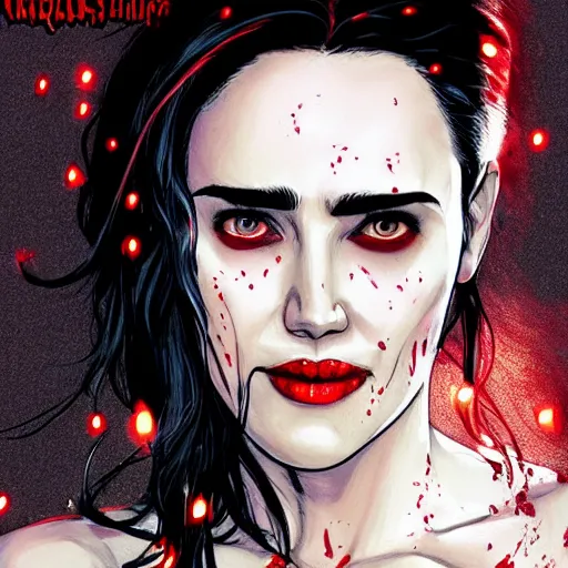Prompt: beautiful scary female vampire, Jennifer Connelly, Rafael Albuquerque comic art, glowing red and gold hair, smiling, sharp teeth, clear clean face, two perfect eyes, perfect eyes perfect symmetrical eyes, symmetrical face, sarcastic pose, dark and smoky background