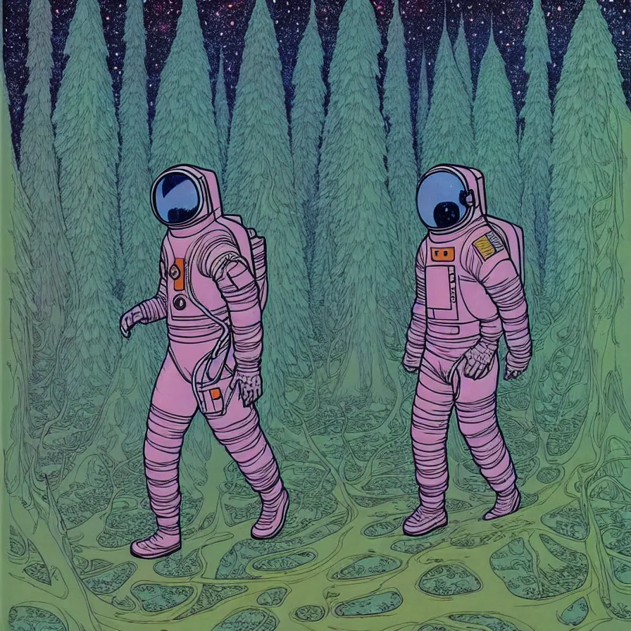 Image similar to ( ( ( ( an astronaut walking through a mysterious forest, with decorative frame design ) ) ) ) by mœbius!!!!!!!!!!!!!!!!!!!!!!!!!!!, overdetailed art, colorful, artistic record jacket design