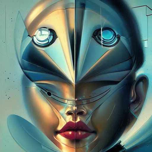 Image similar to scifi futurism automaton minimalism chrome by peter mohrbacher art Hajime Sorayama airbrush hyperrealism model abstract shatter fragments cubism futurism pastel blue soft flat minimal minimalism portrait face jackson pollock