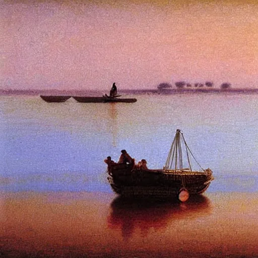 Prompt: a floating speedboat on the nile river, bright hazy day, pastel painting by mikalojus konstantinas ciurlionis and edward lear