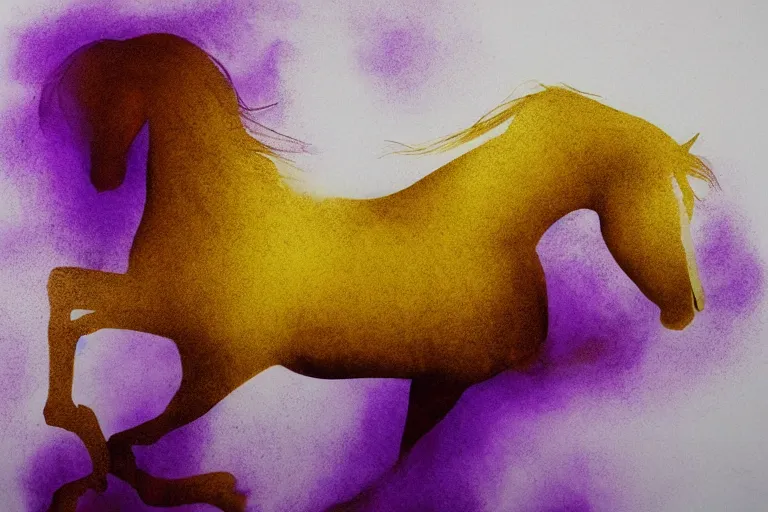 Image similar to beautiful serene horse, healing through motion, minimalistic golden and purple ink airbrush painting on white background