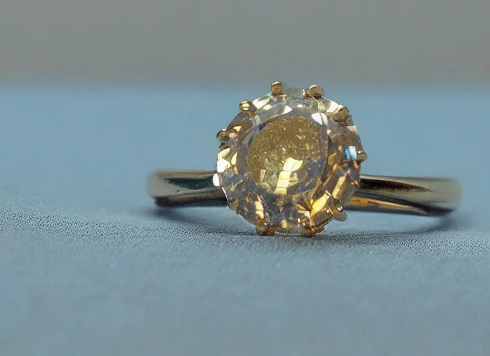 Prompt: a huge glimmering dimond ring on a lady hand in the 8 0's. closeup. clouds in the background