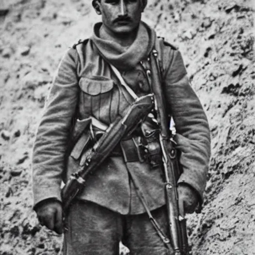 Image similar to Kurdish soldier, ww1 trench, war photo, award winning photo, incredibly detailed