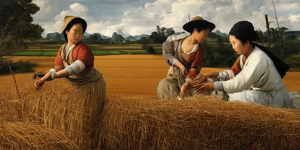 Image similar to beautiful oil matte portrait painting, vietnamese woman of an elevated rice field tending to her work, wonderful masterpiece highly detailed, beautiful cinematic light deep focus, elegant, digital painting, smooth, sharp focus, golden ratio, dramatic illumination, ultra realistic, 8 k, art by artemisia lomi gentileschi and caravaggio