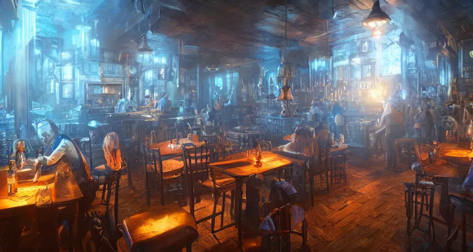 Image similar to alchemy tavern, hyperdetailed, artstation, cgsociety, golden hour 8 k, volumetric lighting, hard blue light