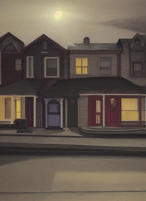 Image similar to small suburban houses in America at night by Edward Hopper, fantasy, moody lighting, dark mood, imagination, nighthawks, cinematic