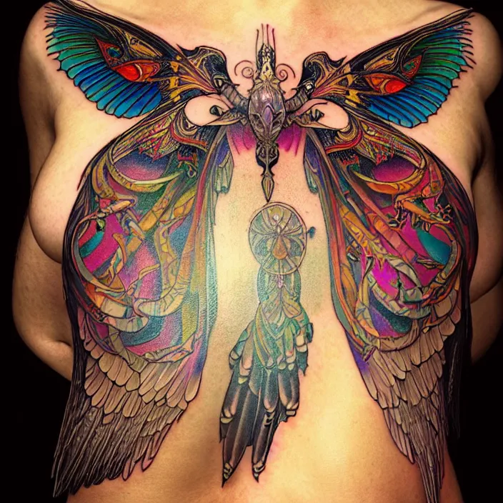 Image similar to extremely psychedelic tattoo design made of wings, LSD tattoo design, diffuse lighting, fantasy, intricate, elegant, highly detailed, lifelike, photorealistic, digital painting, artstation, illustration, concept art, smooth, sharp focus, art by John Collier and Albert Aublet and Krenz Cushart and Artem Demura and Alphonse Mucha