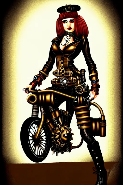 Prompt: steampunk biker girl by karl kopinski