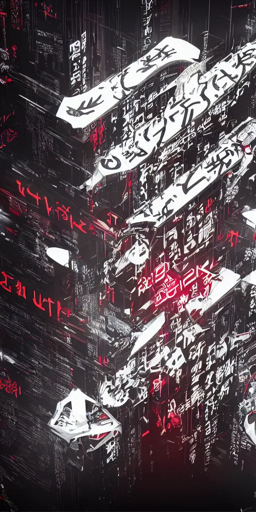 Image similar to a photo of a banner with symbols, cyberpunk logos of megacorporations by tsutomu nihei, futuristic font glyphs, black white red, sci fi font, graphic design, 8 k, innate studio