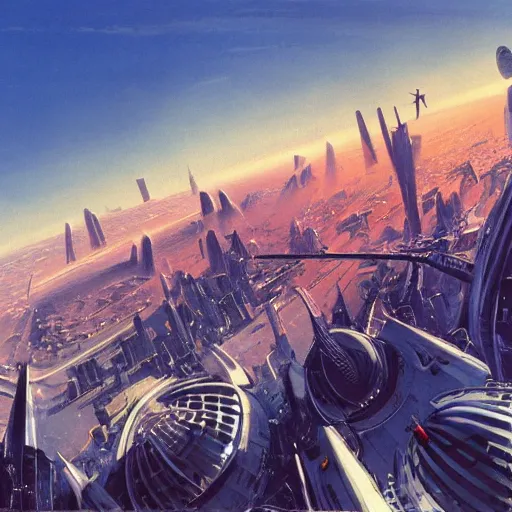 Image similar to aerial view of a science-fiction cityscape, cinematic angle, cinematic lighting, blue sky, sun in the sky, by Syd Mead, John Harris, Federico Pelat