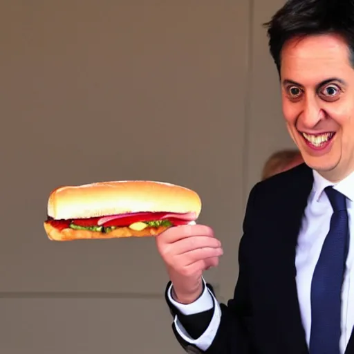 Prompt: Ed Miliband rubbing a sandwich on his face. Photo courtesy of BBC
