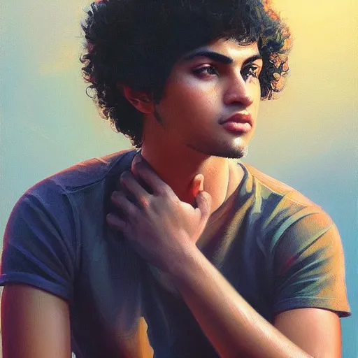 Image similar to oil painting by ilya kuvshinov,, baugh casey, rhads, coby whitmore, of a youthful persian - indian college student, male, curly black hair, outdoors, highly detailed, breathtaking face, studio photography, dawn, intense subsurface scattering, blush, supple look, innocence, intense sunlight