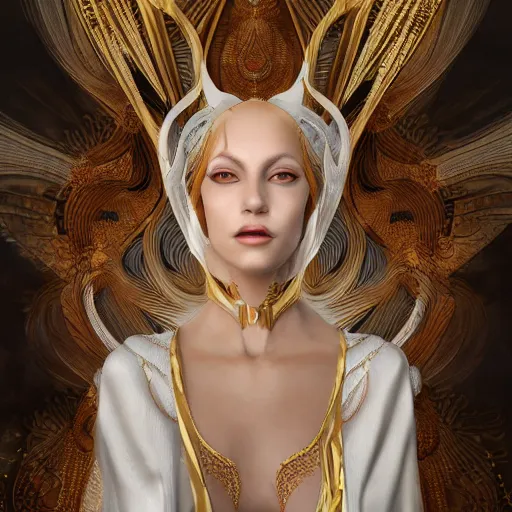 Prompt: a beautiful woman wearing white kaftan with golden ornaments by alex gray and android jones , Karol Bak, Ayami Kojima, Amano , concept art, character design, fantasy,3D, 8k resolution