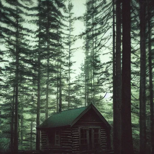 Image similar to a blurry photo of a Eerie cabin in the middle of the woods in the style of a over exposed camera