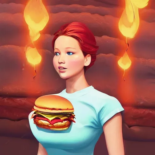 Image similar to beautiful Jennifer Lawrence eating a big mac hamburger, full body fantasy art icon, extreme detail, ethereal volumetric mystical lighting, dripping BBQ Sauce, serving burgers, art by Jesper Ejsing, by RHADS, Makoto Shinkai and Lois van baarle, ilya kuvshinov, rossdraws