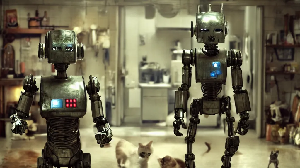 Image similar to film still from the movie chappie of the robot chappie shiny metal indoor cottage kitchen whimsy scene bokeh depth of field several figures furry anthro anthropomorphic stylized cat ears head android service droid robot machine fursona