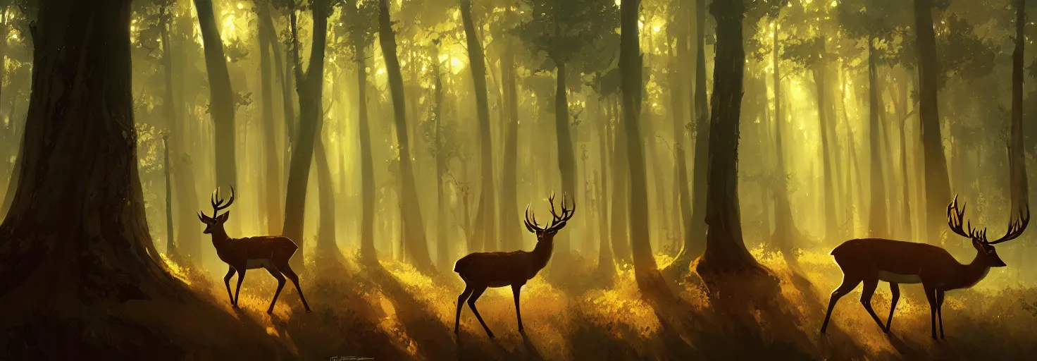 Image similar to Deer in Sherwood Forest, full frame, highly detailed, digital painting, artstation, concept art, smooth, sharp focus, illustration, art greg rutkowski and alphonse mucha