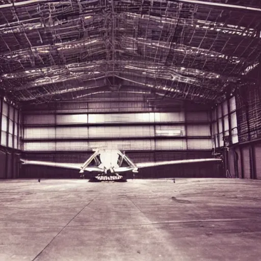 Image similar to an alien craft inside a hanger, old photo, vintage photo, grainy, realistic, real photo,