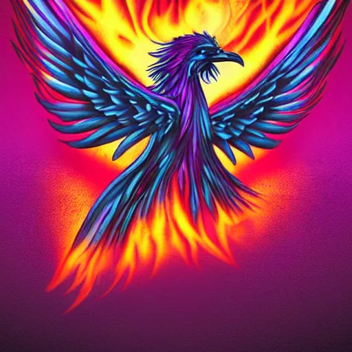 Prompt: white phoenix on flames orange purple background stylised poster art neat graphic design style holistic